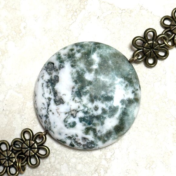 2/$20, Genuine White Green Tree Agate Bracelet, Gemstone + Antique Bronze Flower - Picture 5 of 12